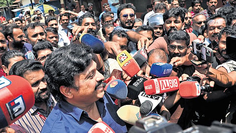 Transport Minister K B Ganesh Kumar declines to respond to questions from mediapersons after inaugurating the first hospital of the KSRTC in Thiruvananthapuram on Tuesday