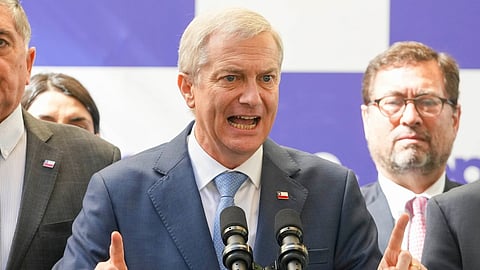 Chilean President-elect Jose Antonio Kast talks to the press at his office in Santiago, Chile, Tuesday, March 3, 2026.