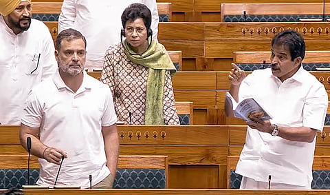 Leader of Opposition Rahul Gandhi with Congress MP KC Venugopal, in the Lok Sabha during the second part of Budget session of Parliament, in New Delhi, Wednesday, March 11, 2026.