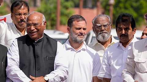 LoP in the Lok Sabha Rahul Gandhi, with LoP in Rajya Sabha Mallikarjun Kharge, Congress MP KC Venugopal, and others, stages a protest in Parliament premises over 'LPG shortage' during the second part of Budget session, in New Delhi, Thursday, March 12, 2026.