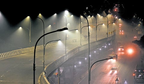 A hazy night view of Chennai as rising PM2.5 pollution levels were recorded across all seasons in 2025, according to a recent study