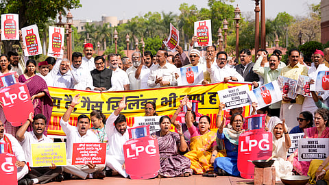 Opposition MPs protest demanding a discussion on the ongoing West Asia conflict and the shortage of LPG cylinders in several parts of the country.