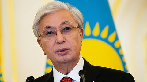 Kazakhstan's President Kassym-Jomart Tokayev addresses the plenary session of the Russia–Kazakhstan Interregional Cooperation Forum in Uralsk, Kazakhstan, via videoconference during a meeting with Russia's President Vladimir Putin at the Grand Kremlin Palace in Moscow, Wednesday, Nov. 12, 2025.