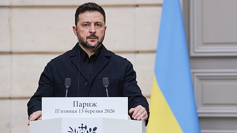 Ukraine's President Volodymyr Zelenskyy speaks during a joint presser with France's President Emmanuel Macron, not pictured, following a bilateral meeting at the Elysee Presidential Palace in Paris, Friday, March 13, 2026.