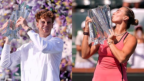 Jannik Sinner (L) & Aryna Sabalenka with the winner's trophy at the BNP Paribas Open tennis tournament, Sunday, March 15, 2026, in Indian Wells.