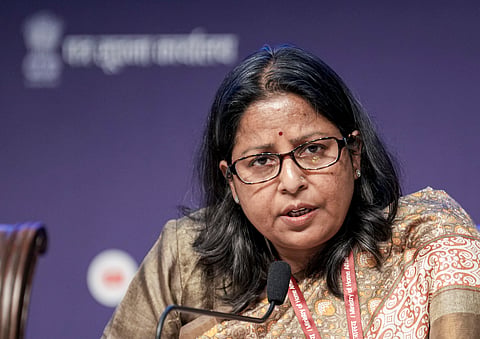 Joint Secretary in the Ministry of Petroleum and Natural Gas Sujata Sharma speaks during an inter-ministerial briefing in view of the recent global developments, at the National Media Centre, in New Delhi, Monday, March 16, 2026.