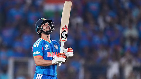 India's Ishan Kishan celebrates his fifty runs during the T20 World Cup cricket final match between India and New Zealand in Ahmedabad, India, Sunday, March 8, 2026.