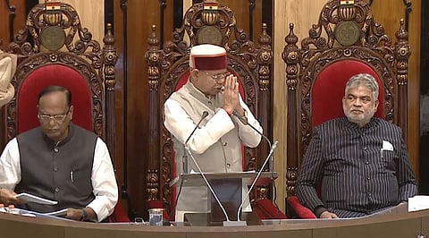 Governor Shiv Pratap Shukla greets the Assembly before commencing his address in Hyderabad on Monday.