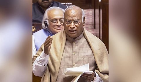 LoP in the Rajya Sabha and Congress President Mallikarjun Kharge speaks in the House during the second part of the Budget session of Parliament, in New Delhi, Wednesday, March 18, 2026.