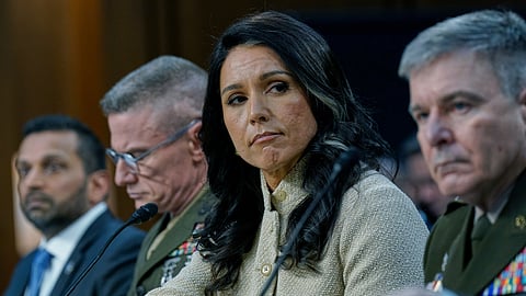 From left, FBI Director Kash Patel, Defense Intelligence Agency Director James Adams III, Director of National Intelligence Tulsi Gabbard, and Acting Commander of the U.S. Cyber Command William Hartman, listen during the Senate Committee on Intelligence hearings to examine worldwide threats on Capitol Hill Wednesday, March 18, 2026, in Washington.