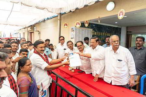 20.03.2026: Tiruppur : TN Minister MP Saminathan, who recently filed willing applications to contest from the Kangayam constituency. (For Srinivasan's story). / Express.