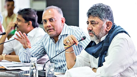 Deputy Chief Minister DK Shivakumar and Health Minister Dinesh Gundu Rao at a meeting with city legislators on Friday