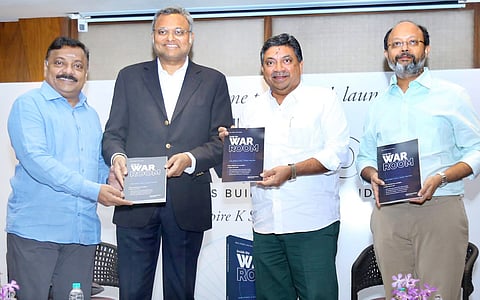 Former AIADMK functionary, entrepreneur and political consultant Aspire K Swaminathan, Congress MP Karthi P Chidambaram and IT Minister Palanivel Thiaga Rajan at the release of the book "War Room", in Chennai.