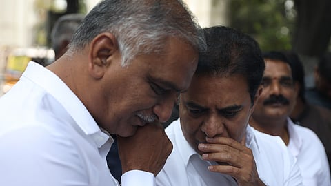 BRS working president KT Rama Rao interacts with Former Minister and MLA T Harish Rao at Gunpark before entering the Assembly premises for the state budget presentation in Hyderabad on Friday.