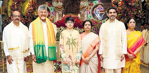 Chief Minister N Chandrababu Naidu visited Tirumala along with his family members on Saturday and offered prayers to Lord Venkateswara Swamy on the occasion of the birthday of his grandson Devansh