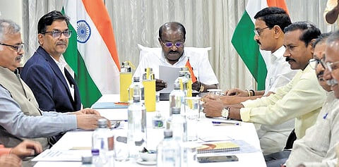 Union Minister for Steel and Heavy Industries H D Kumaraswamy holds a review meeting with officials of RINL in Visakhapatnam on Monday