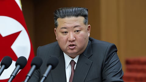 Kim Jong Un delivers a speech during a session of the Supreme People’s Assembly at parliament in Pyongyang, North Korea Monday, March 23, 2026