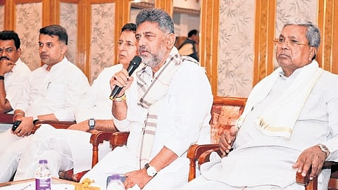 KPCC chief and Deputy Chief Minister DK Shivakumar addresses the Congress Legislature Party meeting in Bengaluru on Wednesday | PIC:X