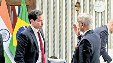 In this image posted on March 27, 2026, External Affairs Minister S. Jaishankar with United States Secretary of State Marco Rubio on the sidelines of the G7 Foreign Ministers Meeting (G7 FMM), in France.