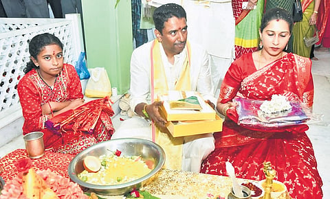 NTR District Collector G Lakshmisha takes part in Rama Navami festivities.