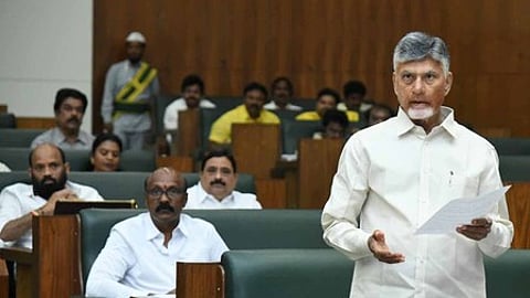 Chief Minister N Chandrababu Naidu introducing a resolution in the Legislative Assembly on Saturday to designate Amaravati as capital