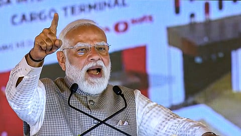 Prime Minister Narendra Modi addresses a gathering during the inauguration of the newly constructed Noida International Airport in Noida, Uttar Pradesh, on March 28, 2026.