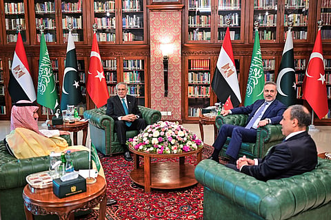 In this photo, released by the Pakistan Ministry of Foreign Affairs, from left, Saudi Arabia's Foreign Minister Prince Faisal bin Farhan Al-Saud, Pakistan's Foreign Minister Ishaq Dar, Turkish Foreign Minister Hakan Fidan and Egyptian Foreign Minister Badr Abdelatty attend a meeting to discuss Middle East war, in Islamabad, Pakistan, Sunday, March 29, 2026.