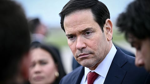 US Secretary of State Marco Rubio looks on as he speaks to the press following a G7 Foreign Ministers' meeting with Partner Countries at the Bourget airport in Le Bourget, outside Paris, Friday, March 27, 2026.