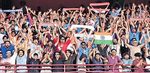 Fans celebrating India’s victory against Hong Kong during the AFC Asian Cup 2027 Qualifying Final Round match held at Jawaharlal Nehru International Stadium, Kaloor, on Tuesday