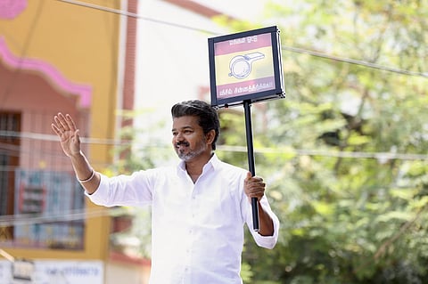 TVK chief Vijay during his campaign at MKB Nagar for the Perumbur Assembly Constituency, in Chennai. on Monday .