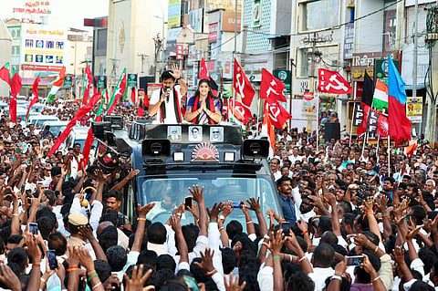 Deputy Chief Minister Udhayanidhi Stalin campaigning for DMK’s Kancheepuram candidate Nithya Sukumar.