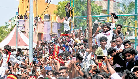 TVK cadre during actor-politician Vijay’s first campaign for the upcoming Assembly polls at MKB Nagar in Chennai on Monday.
