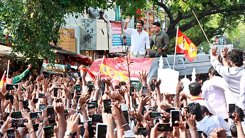 TVK founder and actor Vijay campaigns at Agaram, Kolattur, on Monday in Chennai