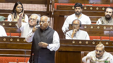 LoP in the Rajya Sabha and Congress President Mallikarjun Kharge speaks in the Rajya Sabha during the second part of the Budget session of Parliament, in New Delhi, Wednesday, April 1, 2026.