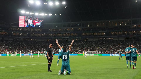 Iraq's Aymen Hussein celebrates scoring his side's 2nd goal during the World Cup playoff final soccer match between Iraq and Bolivia in Monterrey, Mexico, Tuesday, March 31, 2026.