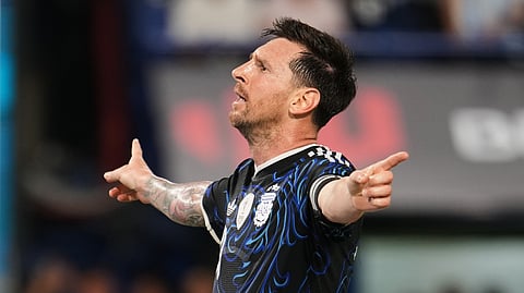 Argentina's Lionel Messi celebrates scoring his side's second goal against Zambia during a friendly soccer match in Buenos Aires, Argentina, Tuesday, March 31, 2026.