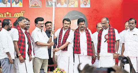 Chief Minister M K Stalin during the public meeting at Thindal, introducing the party’s candidates from the Assembly seat in Erode on Thursday