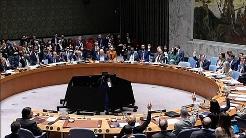 Members of the Security Council vote on a resolution at United Nations headquarters, Wednesday, March 11, 2026.