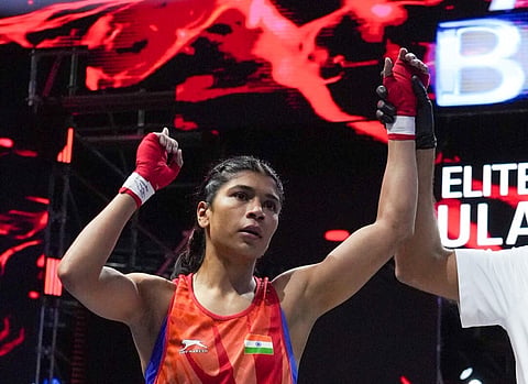 Nikhat Zareen celebrates her victory on Friday