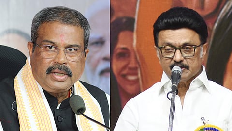Education Minister Dharmendra Pradhan (R), Tamil Nadu Chief Minister MK Stalin (L)