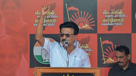 Chief Minister M K Stalin speaking during a campaign in Tirunelveli