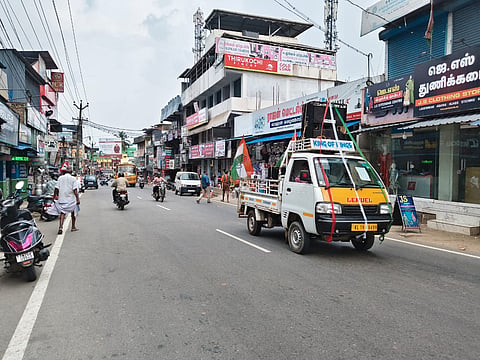 A campaign vehicle of a party contesting elections in Kerala, canvassing on the road connecting Kaliyakkavilai and Padanthalumoodu in Kanniyakumari