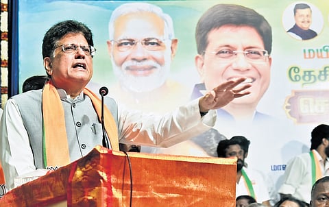 Union Minister Piyush Goyal campaigning for BJP’s Mylapore candidate Tamilisai Soundararajan at RA Puram in Chennai