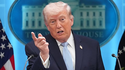 US President Donald Trump speaks with reporters in the James Brady Press Briefing Room at the White House, Monday, April 6, 2026, in Washington.