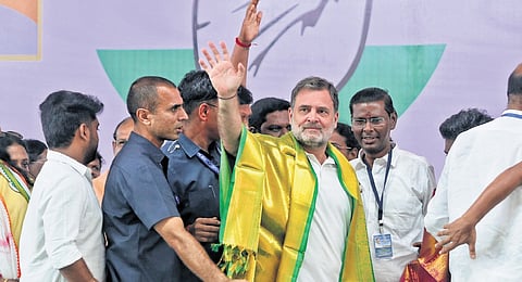 Congress MP Rahul Gandhi during an election rally of the INDIA bloc at Lawspet in Puducherry on Monday