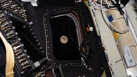 This image provided by NASA on Monday, April 6, 2026, shows a view of the moon taken by the Artemis II crew before going to sleep on flight day 5.
