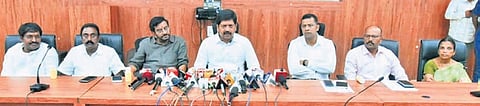 Minister for Mines & Geology and Excise Kollu Ravindra addressing the media at the Collector’s Office in Nellore