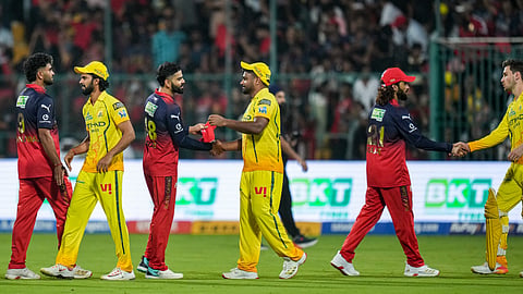 RCB's players being congratulated by Chennai Super Kings' players after winning the IPL 2026 T20 cricket match between Royal Challengers Bengaluru and Chennai Super Kings, in Bengaluru, Karnataka, Sunday, April 5, 2026.