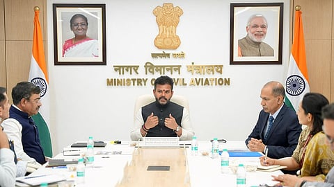 Union Civil Aviation Minister Ram Mohan Naidu addresses a meeting.