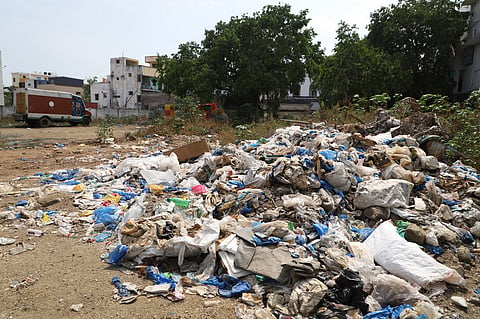 Plastic waste has been dumped at Ukkadam Wholesale Fish Market in Coimbatore
